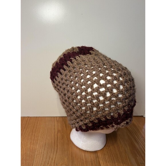 Handmade Crochet Hat Beanie Fitted One Size Womens Tan Burgundy Open Weave - Picture 2 of 4
